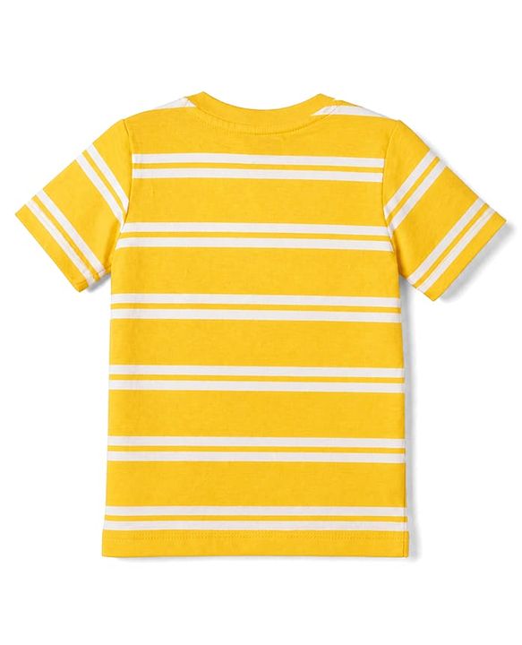 Babyhug Single Jersey Knit Half Sleeves Striped Tee With Bear Face & Text Embroidered Denim Dungaree - Navy & Yellow