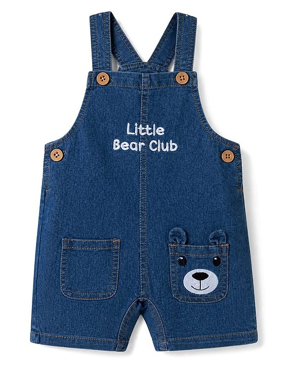 Babyhug Single Jersey Knit Half Sleeves Striped Tee With Bear Face & Text Embroidered Denim Dungaree - Navy & Yellow