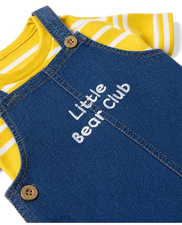 Babyhug Single Jersey Knit Half Sleeves Striped Tee With Bear Face & Text Embroidered Denim Dungaree - Navy & Yellow