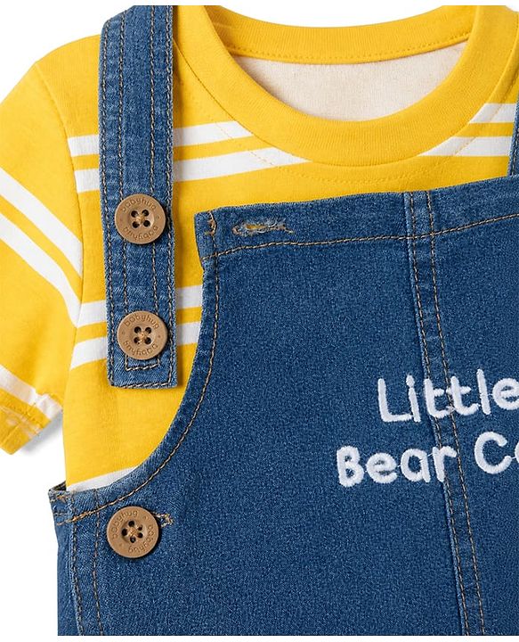 Babyhug Single Jersey Knit Half Sleeves Striped Tee With Bear Face & Text Embroidered Denim Dungaree - Navy & Yellow