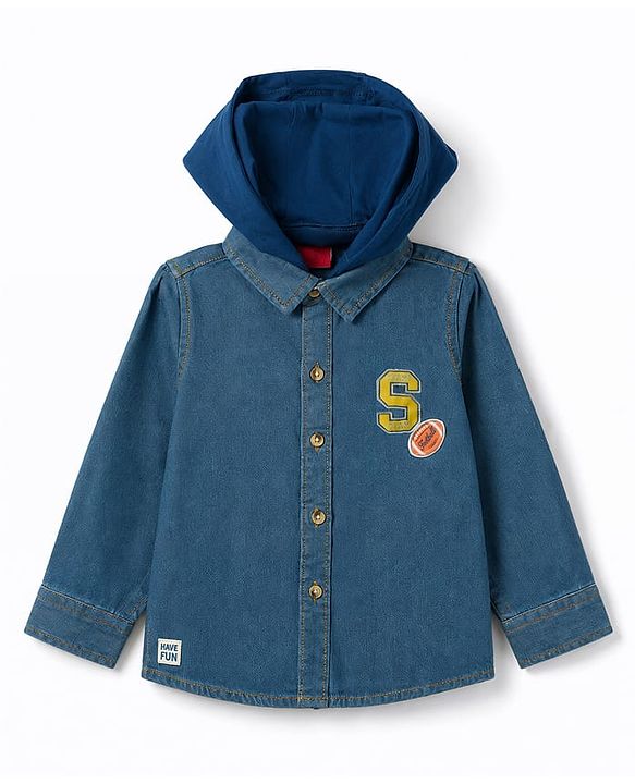 Babyhug Single Jersey Woven Half Sleeves Striped T-Shirt & Joggers Set With Hooded Denim Jacket - Blue Grey & Green