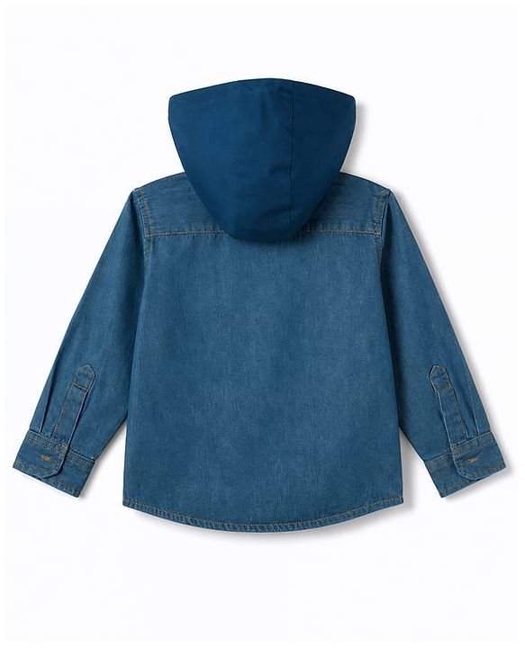 Babyhug Single Jersey Woven Half Sleeves Striped T-Shirt & Joggers Set With Hooded Denim Jacket - Blue Grey & Green