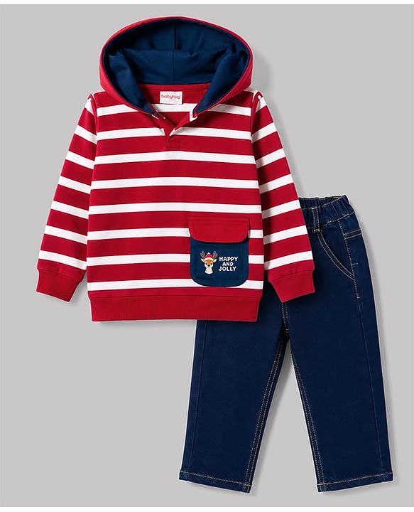 Babyhug Terry Knit Full Sleeves Hooded Striped T-Shirt & Denim Jeans - Red & Blue