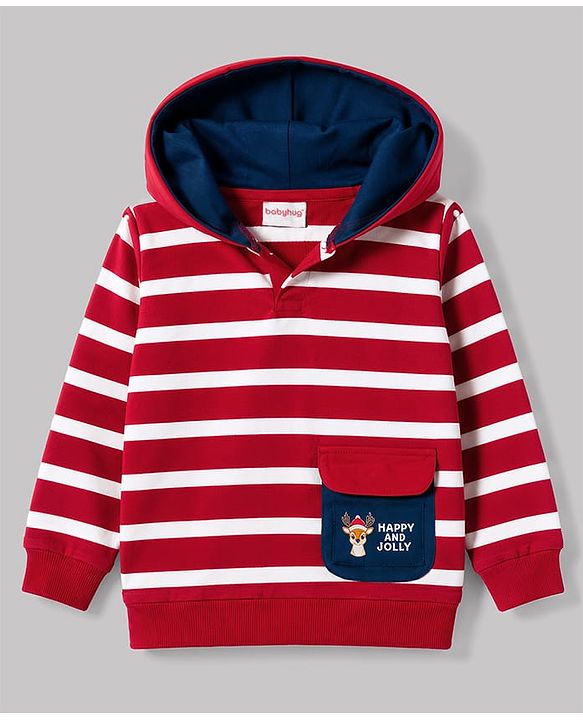 Babyhug Terry Knit Full Sleeves Hooded Striped T-Shirt & Denim Jeans - Red & Blue