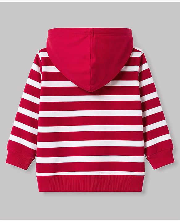 Babyhug Terry Knit Full Sleeves Hooded Striped T-Shirt & Denim Jeans - Red & Blue