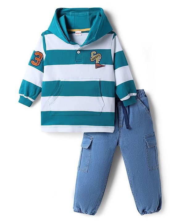 Babyhug Terry Knit Full Sleeves Hooded Striped T-Shirt & Denim Jeans Set - Teal Blue