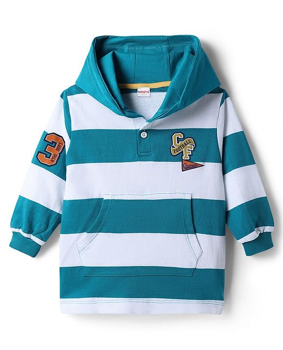 Babyhug Terry Knit Full Sleeves Hooded Striped T-Shirt & Denim Jeans Set - Teal Blue