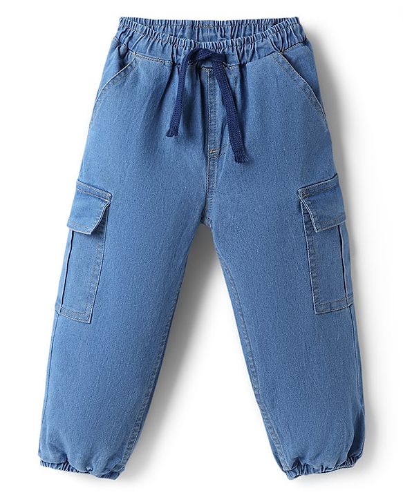 Babyhug Terry Knit Full Sleeves Hooded Striped T-Shirt & Denim Jeans Set - Teal Blue