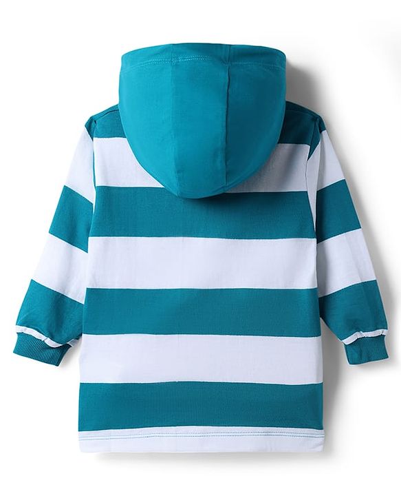 Babyhug Terry Knit Full Sleeves Hooded Striped T-Shirt & Denim Jeans Set - Teal Blue