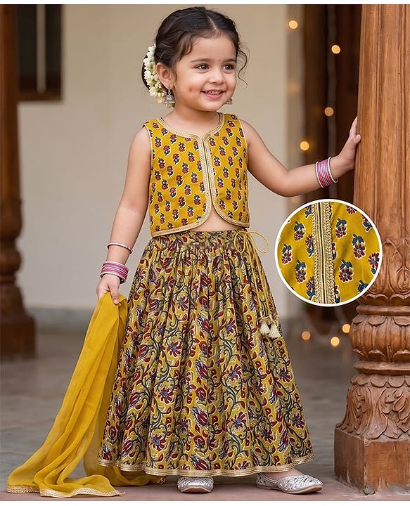 Babyhug Cambric Woven Sleeveless Floral Printed Lehenga Choli Set With Dupatta - Mustard