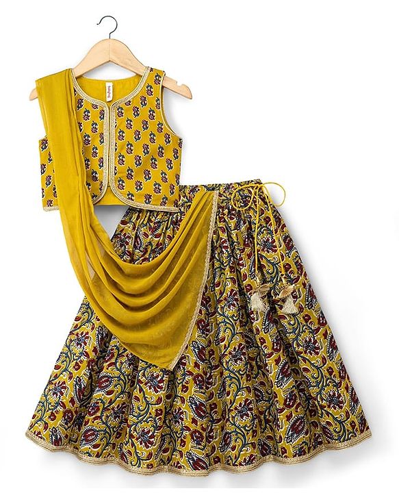 Babyhug Cambric Woven Sleeveless Floral Printed Lehenga Choli Set With Dupatta - Mustard
