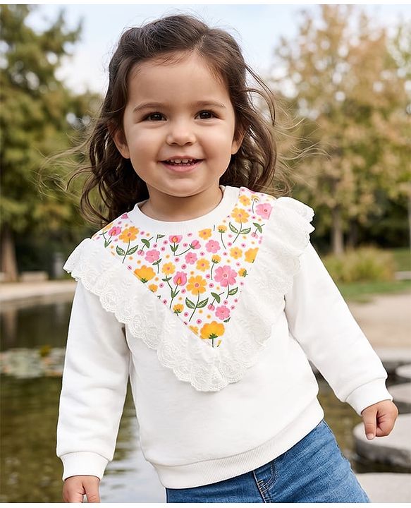 Babyhug 100% Cotton Knit Sweatshirt with Full Sleeves & Floral Print - White