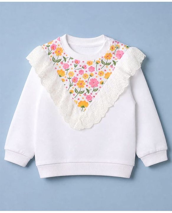 Babyhug 100% Cotton Knit Sweatshirt with Full Sleeves & Floral Print - White