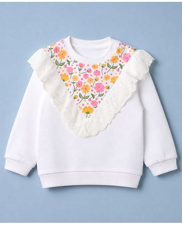 Babyhug 100% Cotton Knit Sweatshirt with Full Sleeves & Floral Print - White