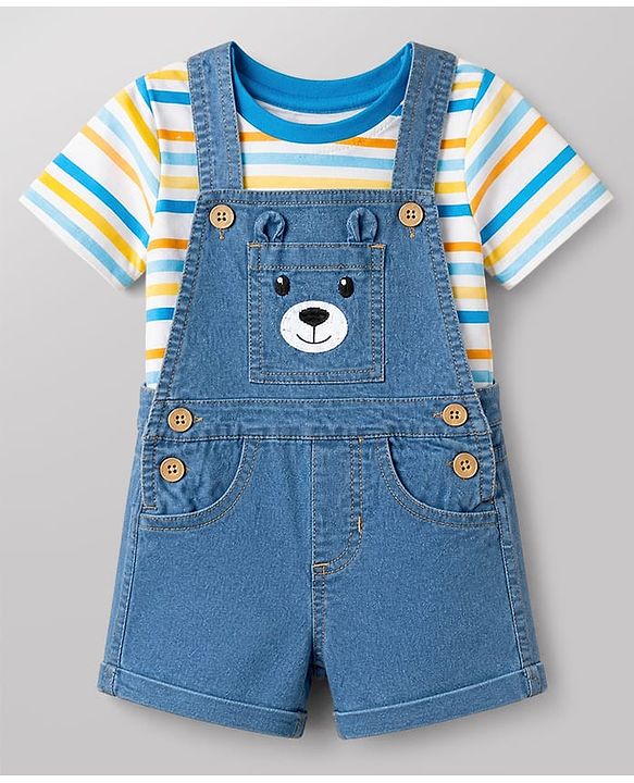 Babyhug Single Jersey Knit Half Sleeves Striped Tee With Bear Face Embroidered Denim Dungaree - Blue & White