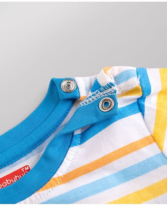 Babyhug Single Jersey Knit Half Sleeves Striped Tee With Bear Face Embroidered Denim Dungaree - Blue & White