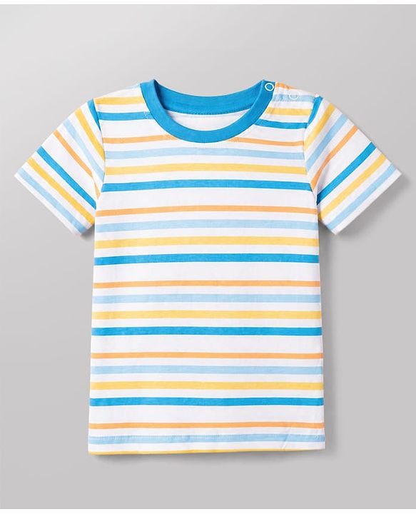 Babyhug Single Jersey Knit Half Sleeves Striped Tee With Bear Face Embroidered Denim Dungaree - Blue & White