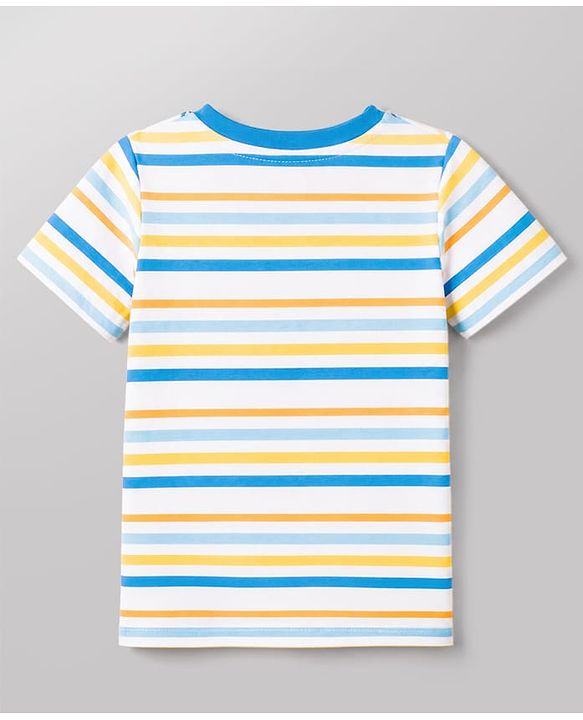 Babyhug Single Jersey Knit Half Sleeves Striped Tee With Bear Face Embroidered Denim Dungaree - Blue & White