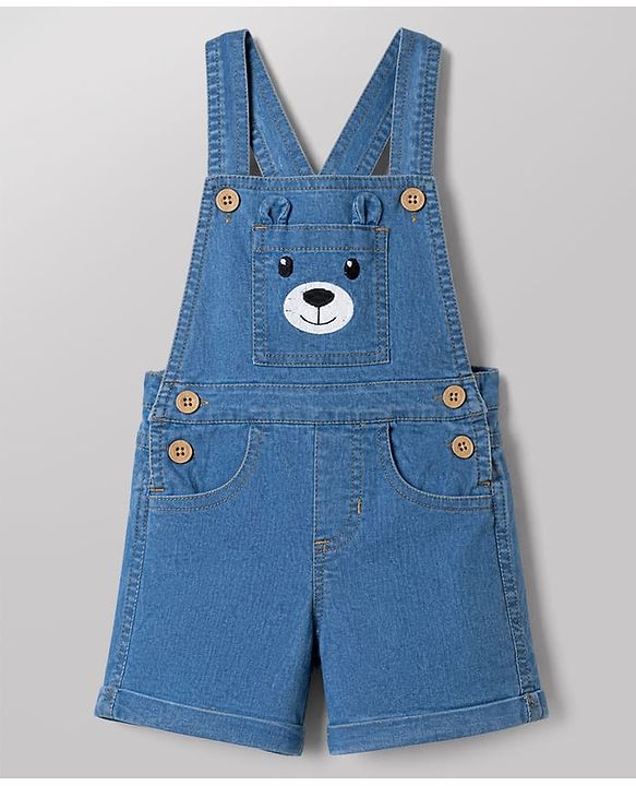 Babyhug Single Jersey Knit Half Sleeves Striped Tee With Bear Face Embroidered Denim Dungaree - Blue & White