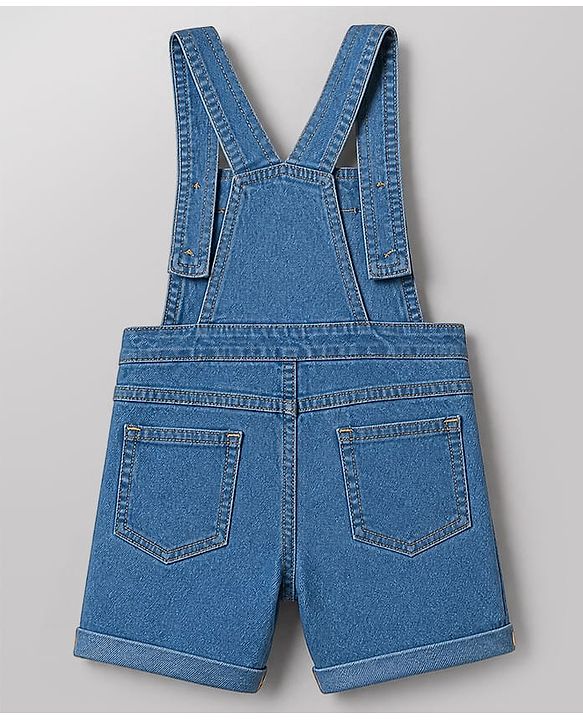Babyhug Single Jersey Knit Half Sleeves Striped Tee With Bear Face Embroidered Denim Dungaree - Blue & White