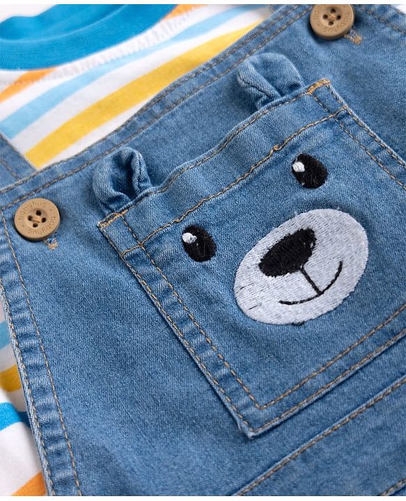 Babyhug Single Jersey Knit Half Sleeves Striped Tee With Bear Face Embroidered Denim Dungaree - Blue & White