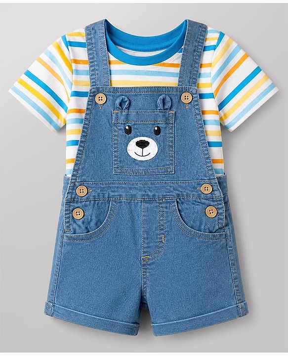 Babyhug Single Jersey Knit Half Sleeves Striped Tee With Bear Face Embroidered Denim Dungaree - Blue & White