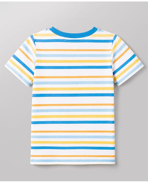 Babyhug Single Jersey Knit Half Sleeves Striped Tee With Bear Face Embroidered Denim Dungaree - Blue & White