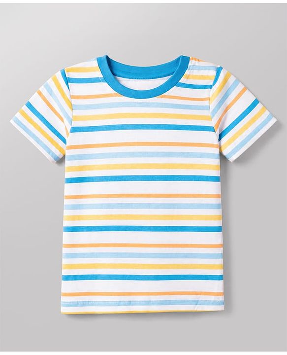 Babyhug Single Jersey Knit Half Sleeves Striped Tee With Bear Face Embroidered Denim Dungaree - Blue & White