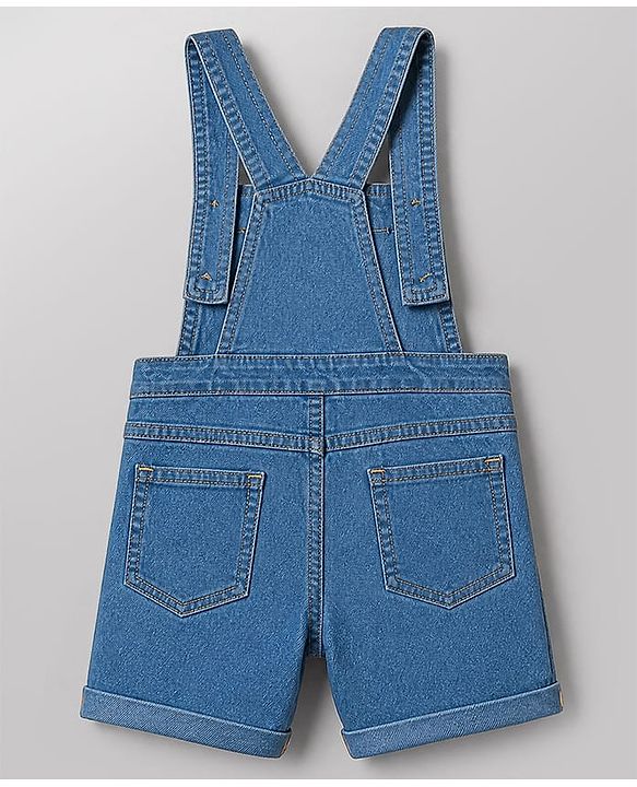 Babyhug Single Jersey Knit Half Sleeves Striped Tee With Bear Face Embroidered Denim Dungaree - Blue & White