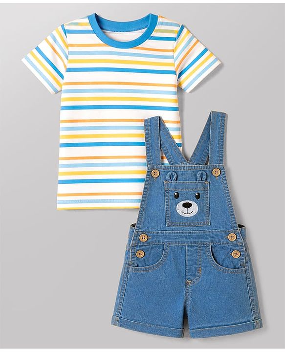 Babyhug Single Jersey Knit Half Sleeves Striped Tee With Bear Face Embroidered Denim Dungaree - Blue & White