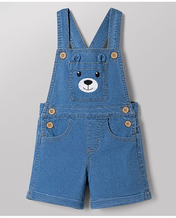 Babyhug Single Jersey Knit Half Sleeves Striped Tee With Bear Face Embroidered Denim Dungaree - Blue & White