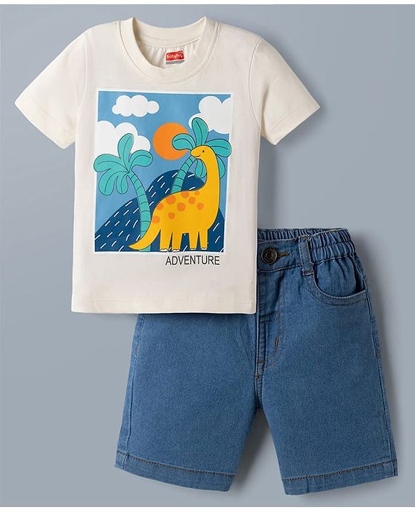 Babyhug Single Jersey Knit Half Sleeves T-Shirt & Denim Shorts Set with Dino Print - White