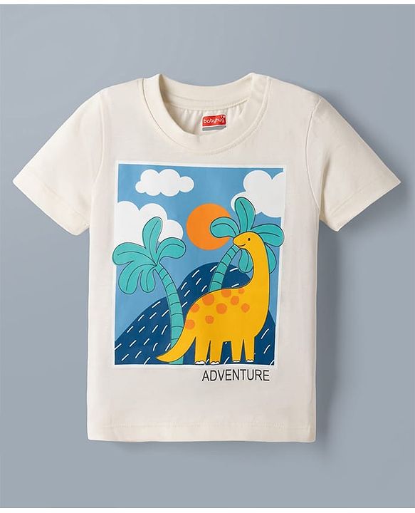 Babyhug Single Jersey Knit Half Sleeves T-Shirt & Denim Shorts Set with Dino Print - White