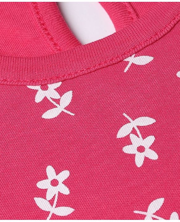 Babyhug Cotton Knit Frill Sleeves Floral Printed Frock - Dark Pink