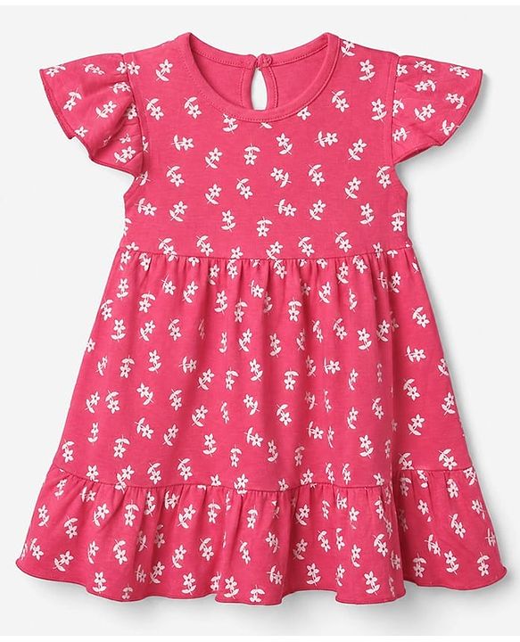 Babyhug Cotton Knit Frill Sleeves Floral Printed Frock - Dark Pink