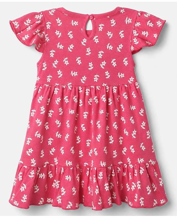 Babyhug Cotton Knit Frill Sleeves Floral Printed Frock - Dark Pink