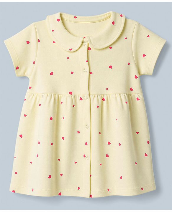Babyhug Interlock Knit Half Sleeves Frocks With Bloomer And Hearts Print - Light Yellow