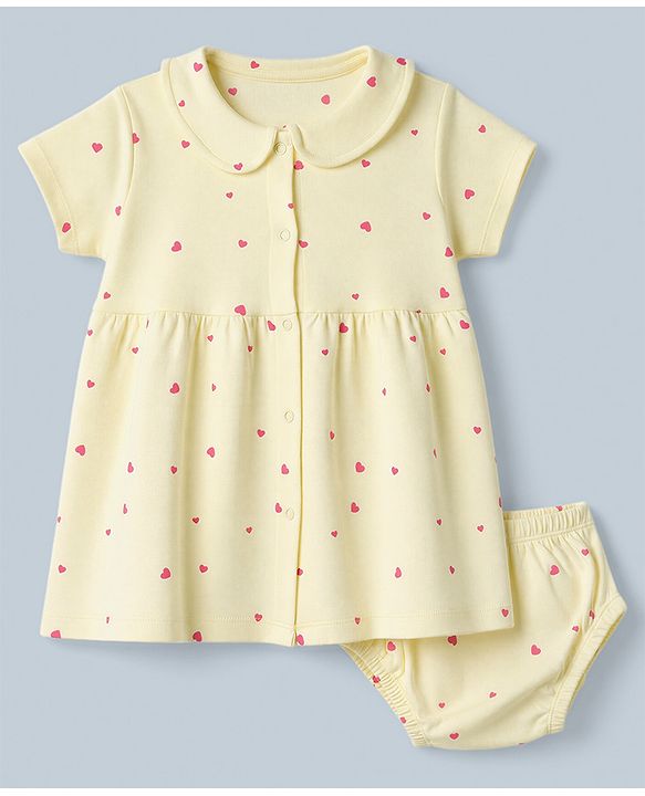 Babyhug Interlock Knit Half Sleeves Frocks With Bloomer And Hearts Print - Light Yellow