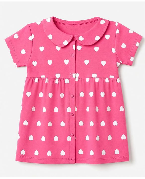 Babyhug Interlock Knit Cotton Half Sleeves Frocks with Bloomer & Heart Print - Pink