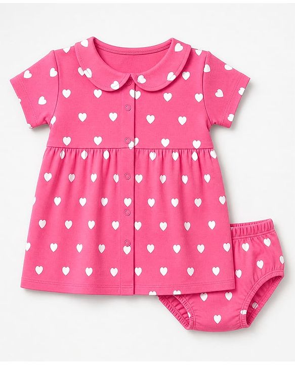 Babyhug Interlock Knit Cotton Half Sleeves Frocks with Bloomer & Heart Print - Pink