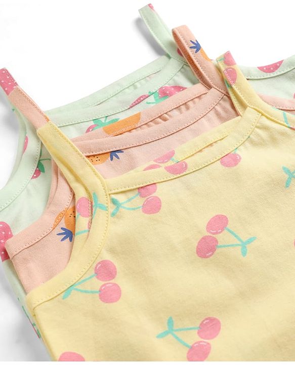 Babyhug 100% Cotton Single Jersey Knit Sleeveless Fruits Printed Slips Pack of 3 - Peach Yellow & Light Blue