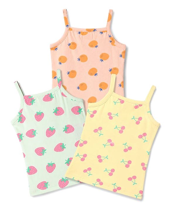 Babyhug 100% Cotton Single Jersey Knit Sleeveless Fruits Printed Slips Pack of 3 - Peach Yellow & Light Blue