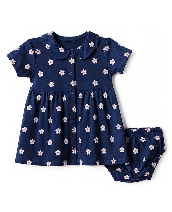 Babyhug Interlock Knit Knee Length Frock and Bloomer with Half Sleeves and Floral Print in Navy Blue for New born