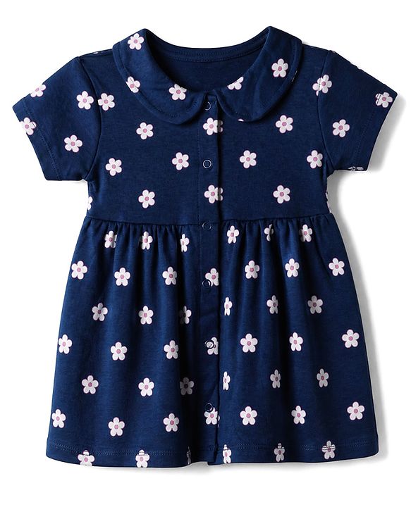 Babyhug Interlock Knit Knee Length Frock and Bloomer with Half Sleeves and Floral Print in Navy Blue for New born