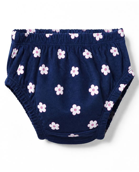Babyhug Interlock Knit Knee Length Frock and Bloomer with Half Sleeves and Floral Print in Navy Blue for New born