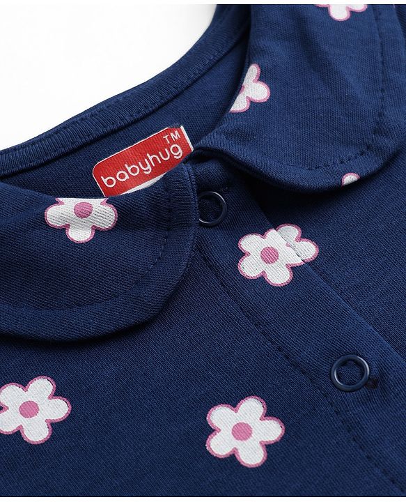 Babyhug Interlock Knit Knee Length Frock and Bloomer with Half Sleeves and Floral Print in Navy Blue for New born