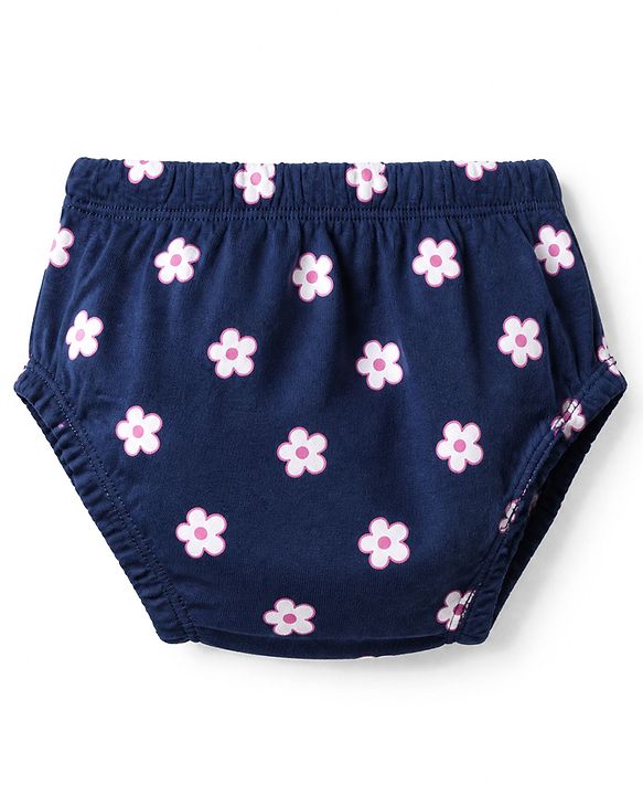Babyhug Interlock Knit Knee Length Frock and Bloomer with Half Sleeves and Floral Print in Navy Blue for New born
