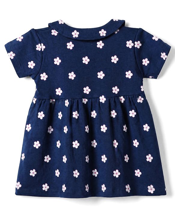 Babyhug Interlock Knit Knee Length Frock and Bloomer with Half Sleeves and Floral Print in Navy Blue for New born