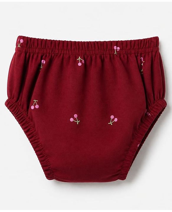Babyhug Interlock Knit Cotton Half Sleeves Frocks with Bloomer & Cherry Print - Maroon