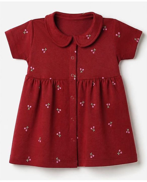 Babyhug Interlock Knit Cotton Half Sleeves Frocks with Bloomer & Cherry Print - Maroon